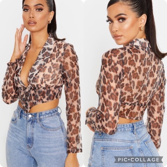 PrettyLittleThing Tops - NWT Pretty Little Thing Tan Leopard Sheer Organza Pointed Hem Shirt